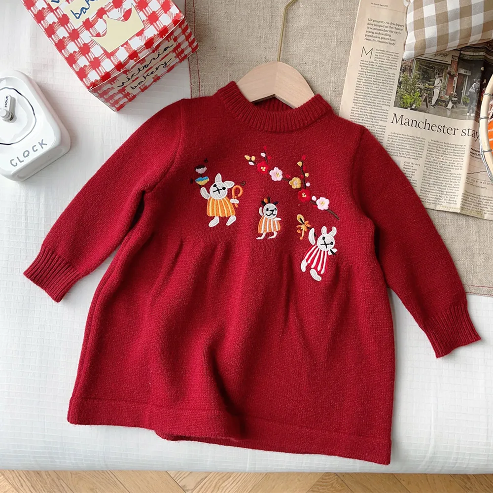 

Christmas Toddler Dresses For Girls Red Color Long Sleeve Flower Embrodiery Winter Princess Chinese New Year Kids Clothes