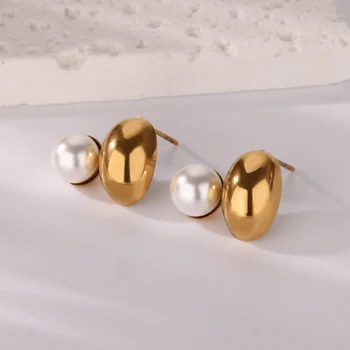 Imitation Pearl Half Bean Earrings for Women Stainless Steel Gold Color Stud Earrings 2025 Trend Piering Wedding Jewelry Gift