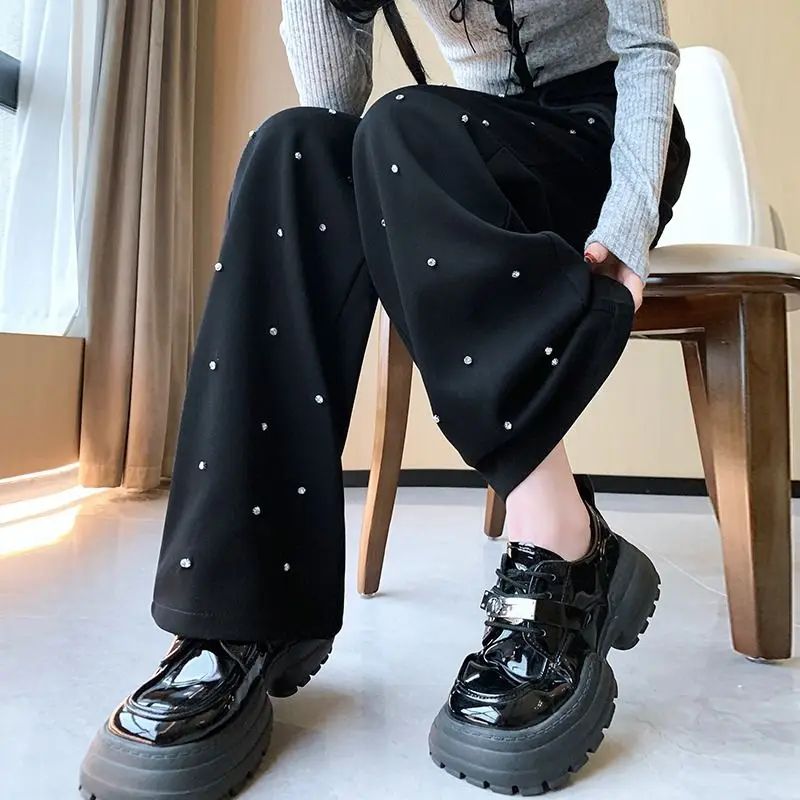 Diamond inlaid casual wide leg pants for women's high-end high waisted loose straight leg sports pants  trousers