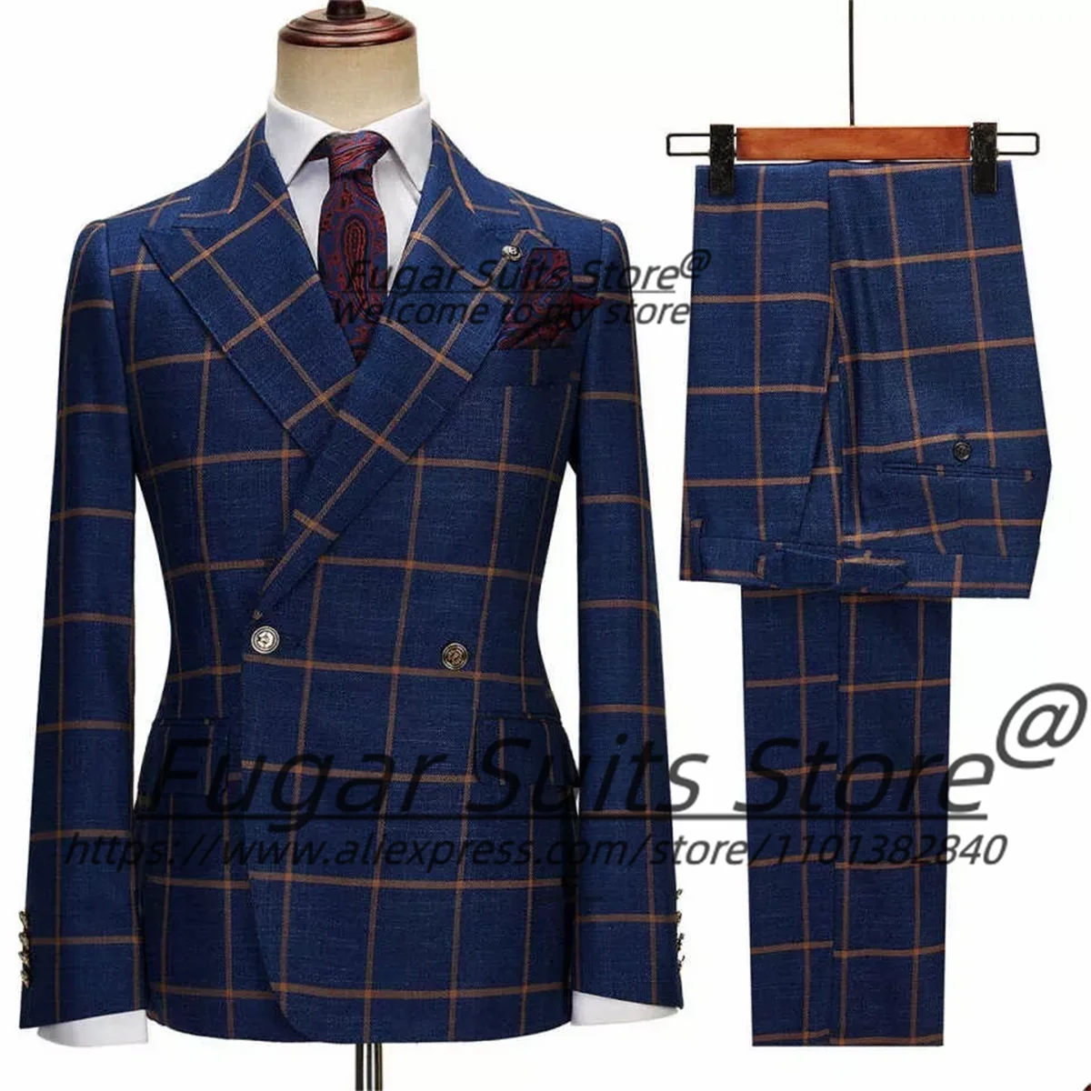 Business Red Plaid Men Suits Slim Fit Double Breasted Groom Wedding Tuxedos 2 Pieces Sets Classic Male Blazers Costume Homme