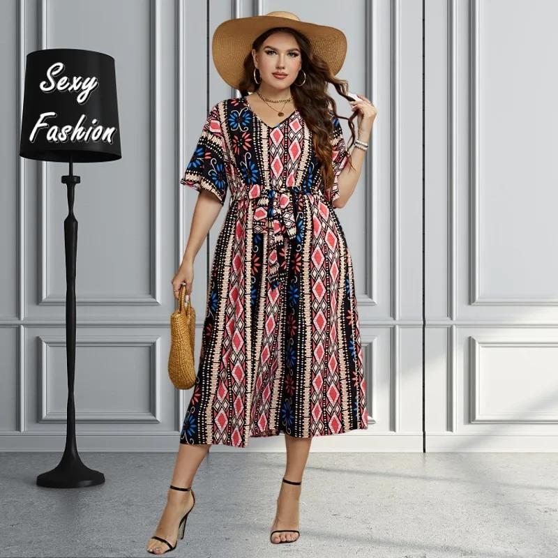 

WSFEC L-4XL Bohemia Women Clothing Plus Size Dresses Fashion Printing Short Sleeve Bandage Summer Casual Midi Dress Dropshipping