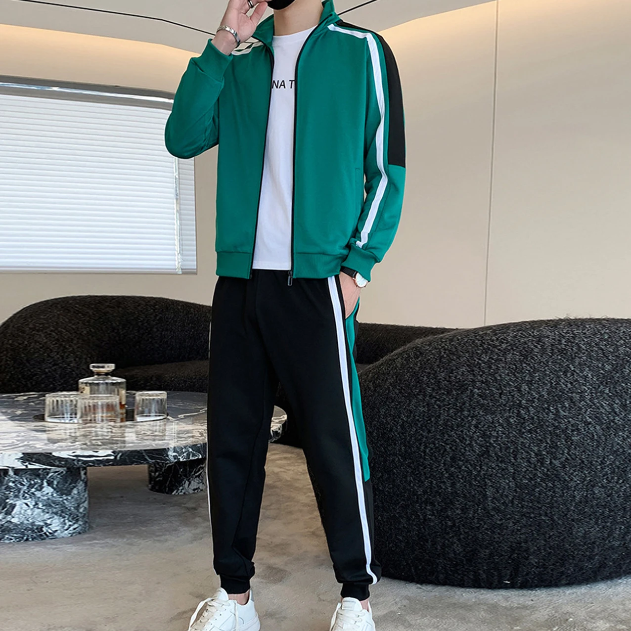 Fashion Korean Version Men's Patchwork Zippered Sportswear+Pants Set 2023New Spring Autumn Leisure Jogging Fitness Two-Piece Set