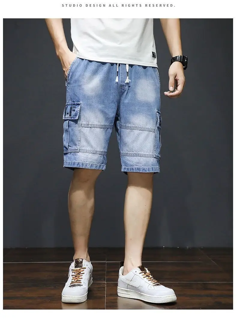 Harajuku Fashion Drawstring Designer Korean Luxury Boyfriend Multi Pocket Loose Casual Denim Jeans Men Summer Knee Length Shorts