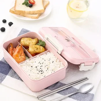 Lunch Box per microonde per bambini Bento Box portatile per ufficio scolastico con stoviglie Cucchiai Bacchette Scatola per alimenti in paglia di grano 1