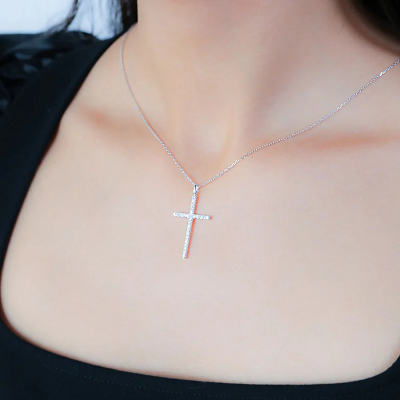 Pendant Necklace 925 Sterling Silver White Zircon Cross