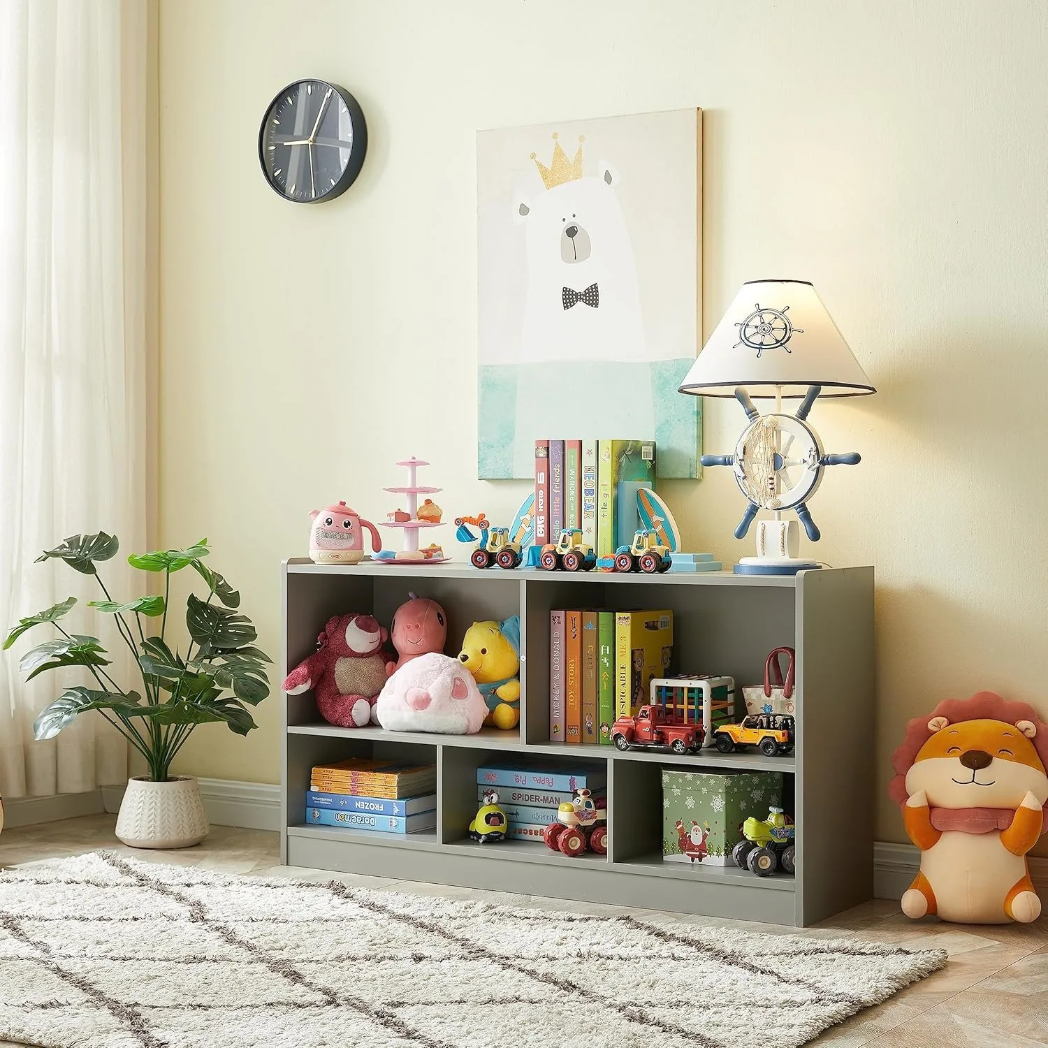 Toy organization and storage, 5-section children's bookshelf for organizing books and toys, game room, daycare (gray) 3