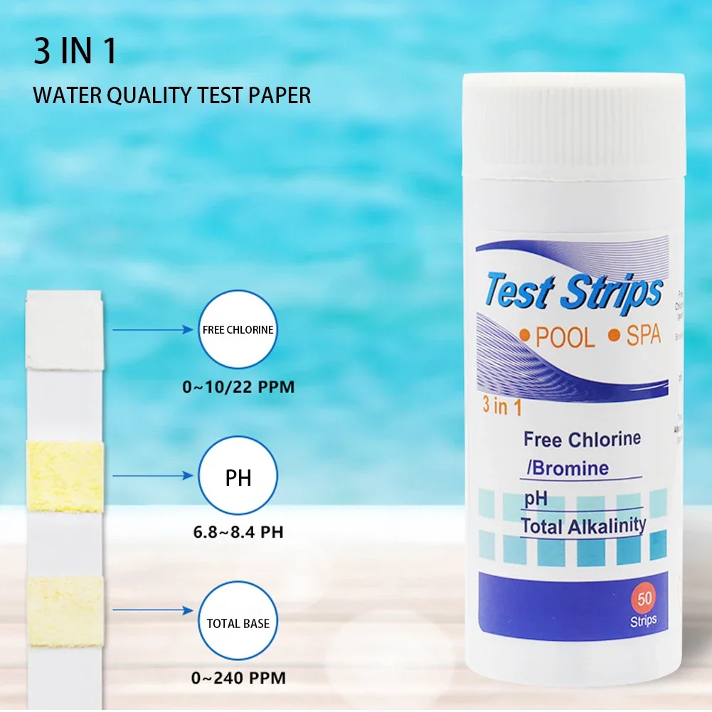 50pcs Test Strips Multipurpose 3-in-1 Residual Chlorine PH Value Alkalinity Test Strip Easy Detection for Pool Spa Aquarium