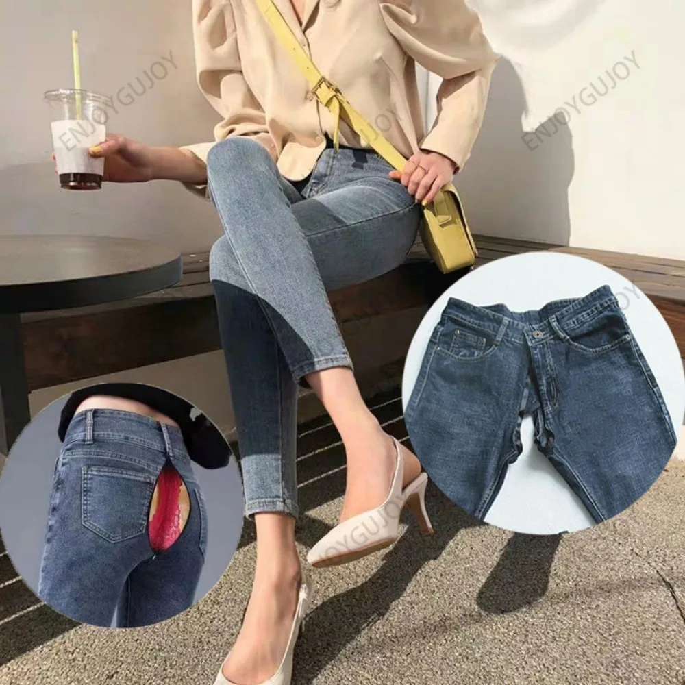 Boyfriend Jeans High Waist Slim Trousers Fashion Women Clothing Elastic Denim Female's Invisible Open Crotch Pants Outdoor Sex