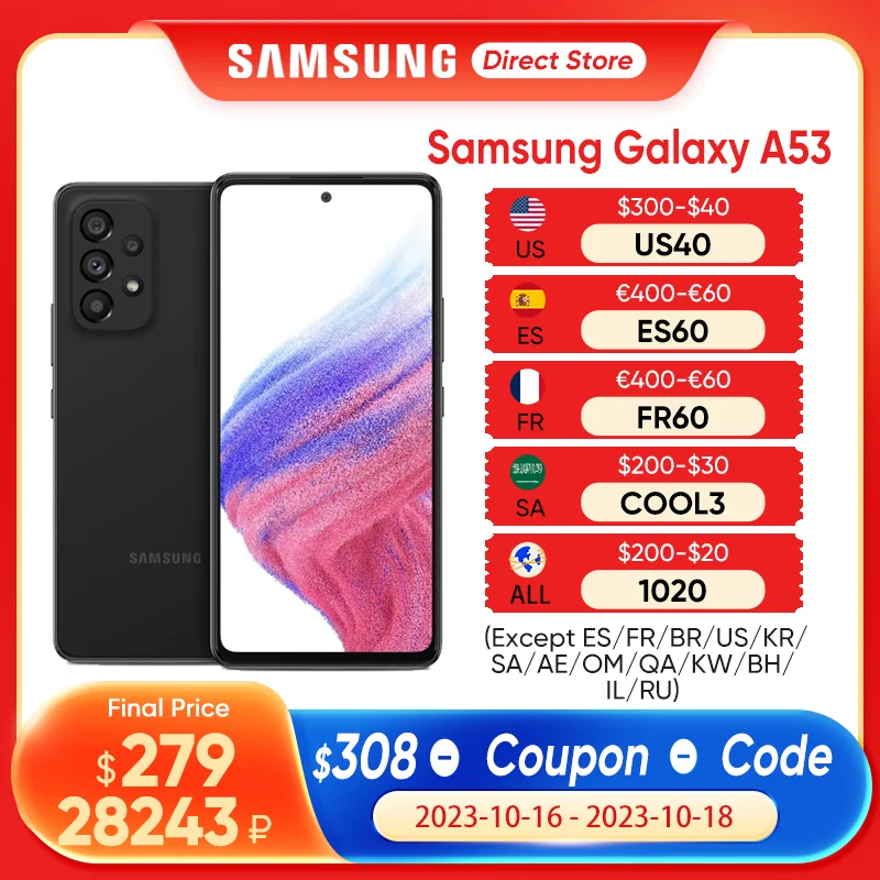 Samsung Galaxy A53 5G Dual Sim 6.5" Super AMOLED 8GB RAM 256GB ROM Octa Core Fingerprint NFC Exynos1280 Unlocked Original