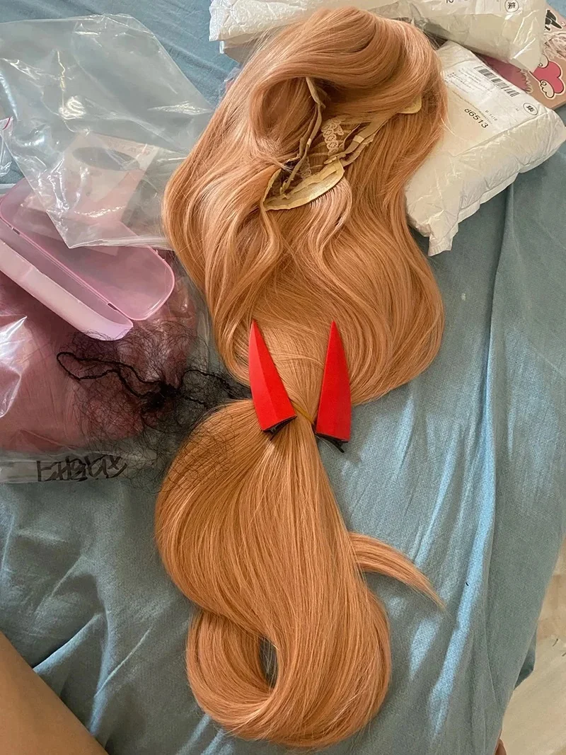 Hochwertige Anime Makima Power Cosplay Perücke Lange Orange Rosa Hitzebeständige Kunsthaar Party Rollenspiel Perücken + WigCap + Hörner – Detail 16