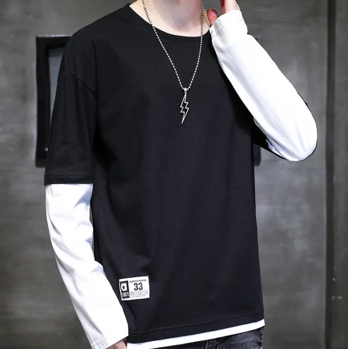 

Round neck long-sleeved old T-shirt men's 2022 spring new pocket loose men's bottoming shirt solid color cotton t-shirt