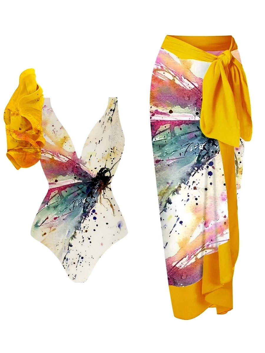 2025 Frill One Piece Swimsuit & String Skirt Padded Sexy Swimwear Women Bathing Suit Female Swimming Summer Beachwear Bodysuit 3