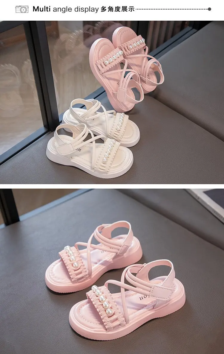 Sandalias planas de perlas para niña, zapatos de playa de princesa