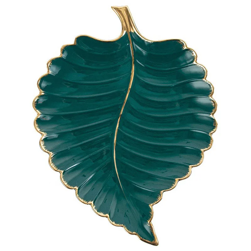 

Innovation Luxury Ceramic Platter Storage Tray with Gold Rim Green Leaf Gold Feather Jewelry Makeup Brush Storage Decorative