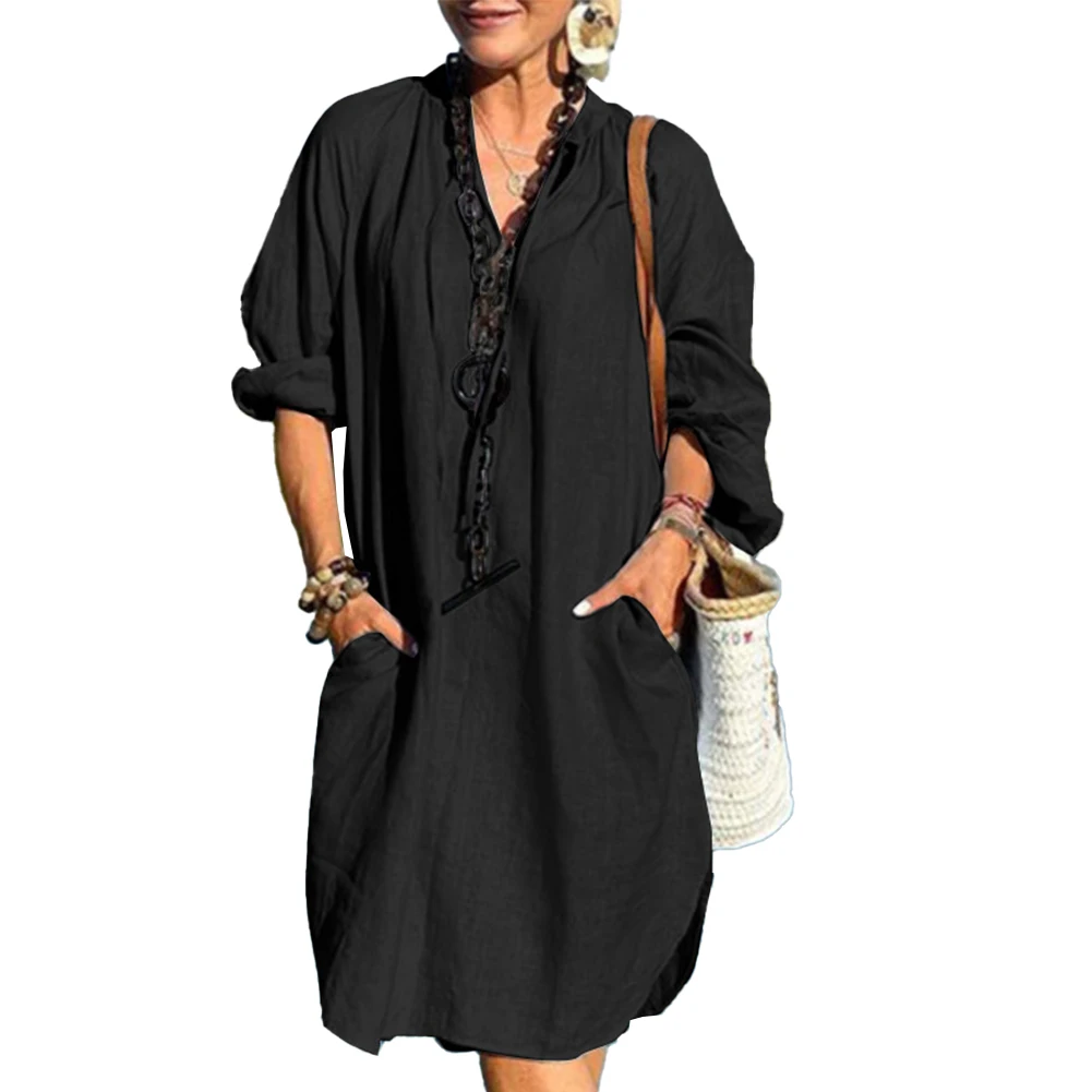 

Женское платье из хлопка и льна, повседневное винтажное однотонное платье с длинным рукавом, V-образным вырезом и карманами, Новинка