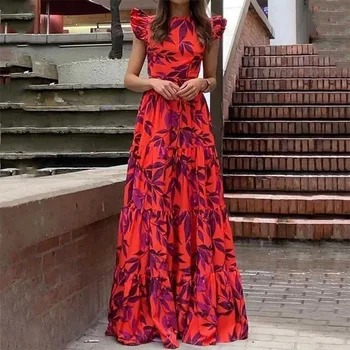 Vacation Women Floral Print Vestidos Summer Women's Fashionable Printed Round Neck Long Ruffle Edge Sexy Hollow Lace Up Dresses 1