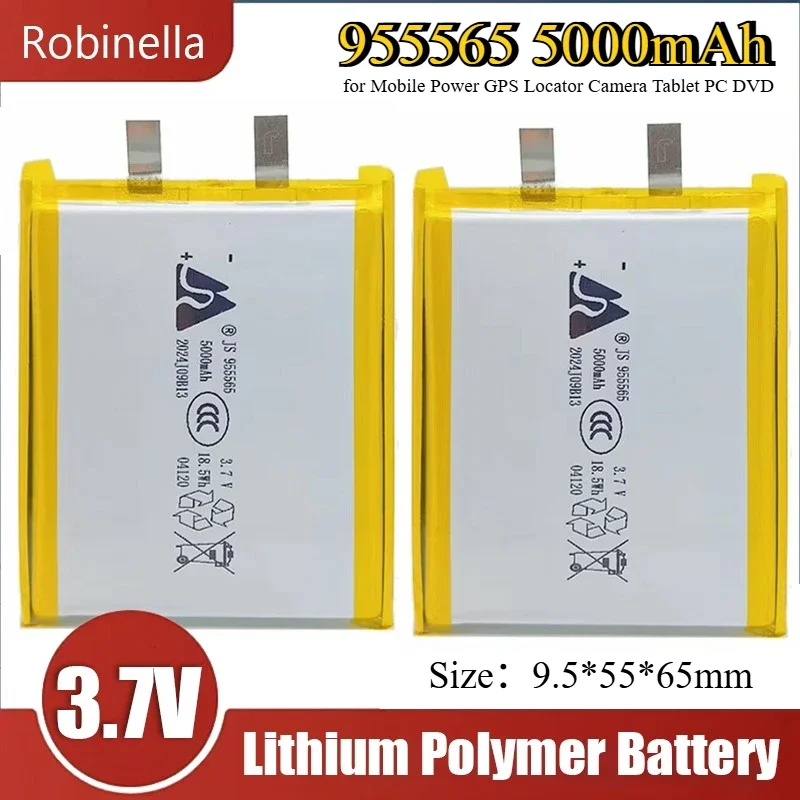 Batterie 955565 3,7V pour RC en gros plan, étiquette et spécifications lisibles.