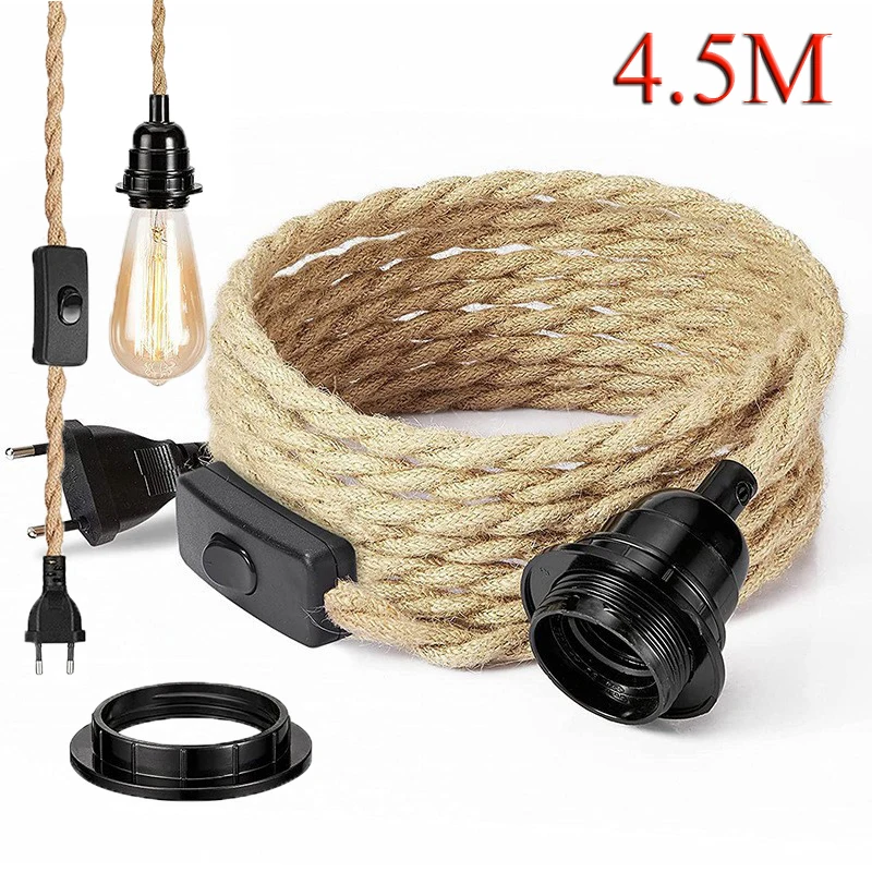4.5M Vintage Style Hemp Rope Pendant Light Cord Kit EU US UK Plug Switch E26 E27 Lamp Holder for Simple Pendant Light Decoration