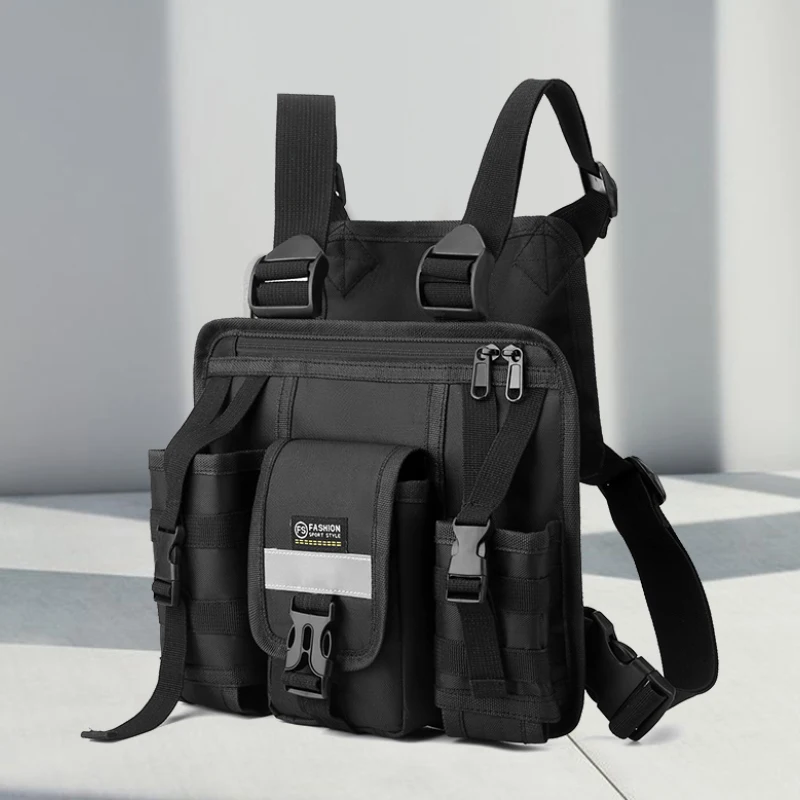 Men's and women's black vest bags, multiple pockets, adjustable straps and buttons, tactical chest bag, suitable for outdoor spo