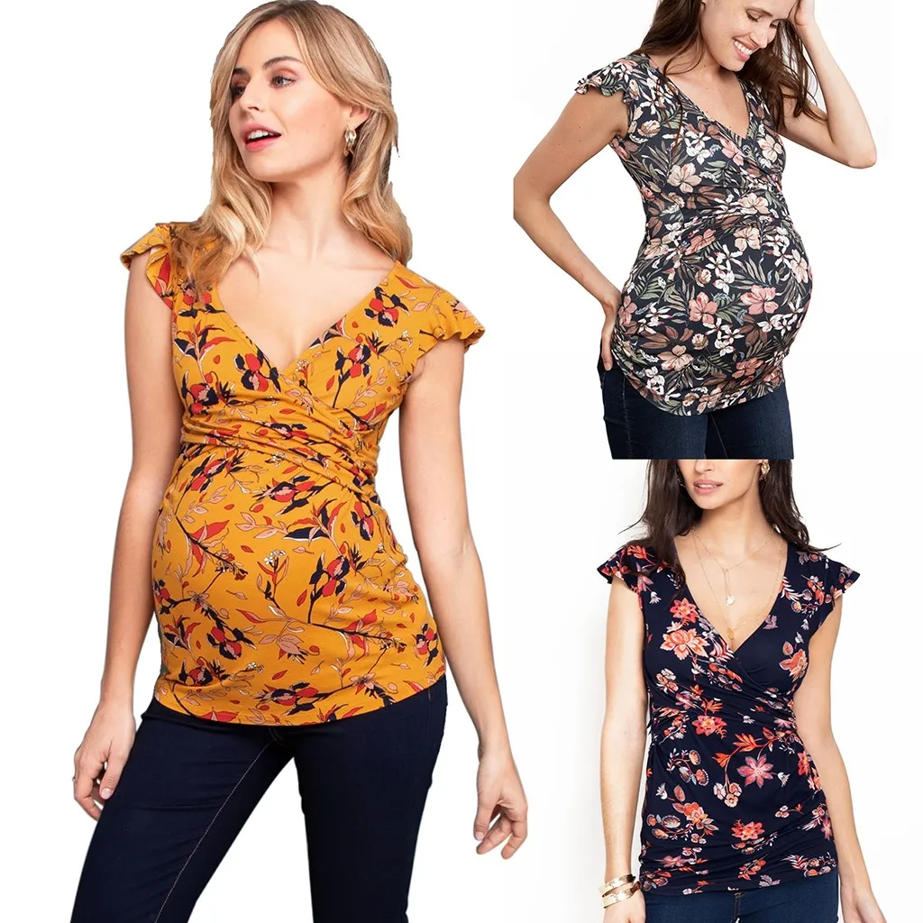 Maternity Tops New Blouse Pregnancy Shirts Maternity Clothes Women Pregnant Nusring Maternity V-neck Short Sleeve Printed Stripe Blouse Tops