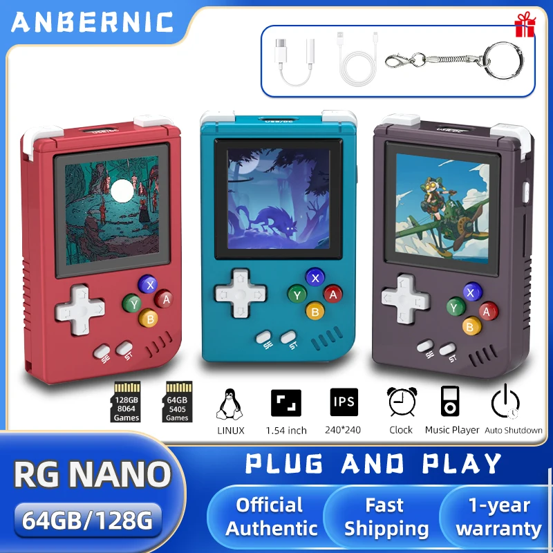  RG Nano Handheld Emulator Pocket Retro Handheld Game  Console,Built-in 64G TF Card 5405 Classic Games 1.54 Inch 60 Hz Refresh  Rate IPS Screen Supports Music,Clock Function (Retro Purple) : Toys 