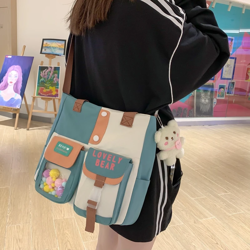 Cute Shoulder Bags For Women 2023 Kawaii Girls Schoolbag Multi Pocket Nylon  Crossbody Bag Female Large Capacity Messenger Bag