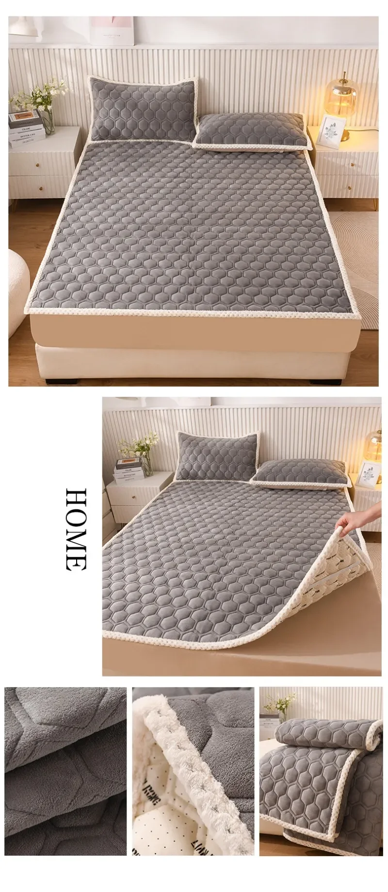 Description Picture 6 of itemThick Fleece Mattress Pad Warm Coral Fleece Bed Blanket Pads for Winter Solid Color Mattress Protector Cover for Double Beds