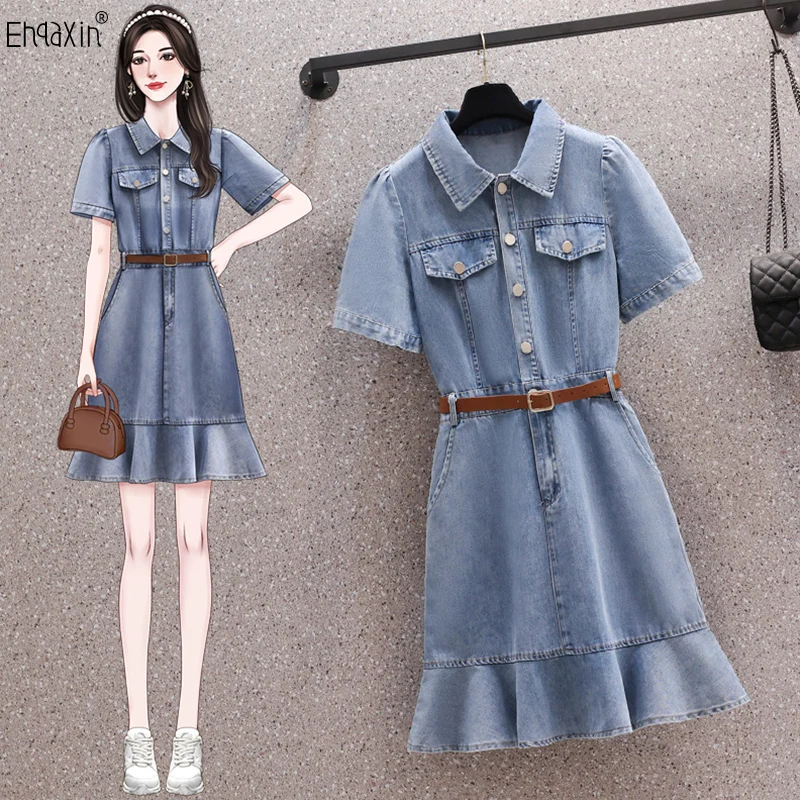 

EHQAXIN Summer New Women's Denim Dress Fashionable Style Retro Polo Short Sleeve A-Line Ruffle Dresses With Belt M-4XL