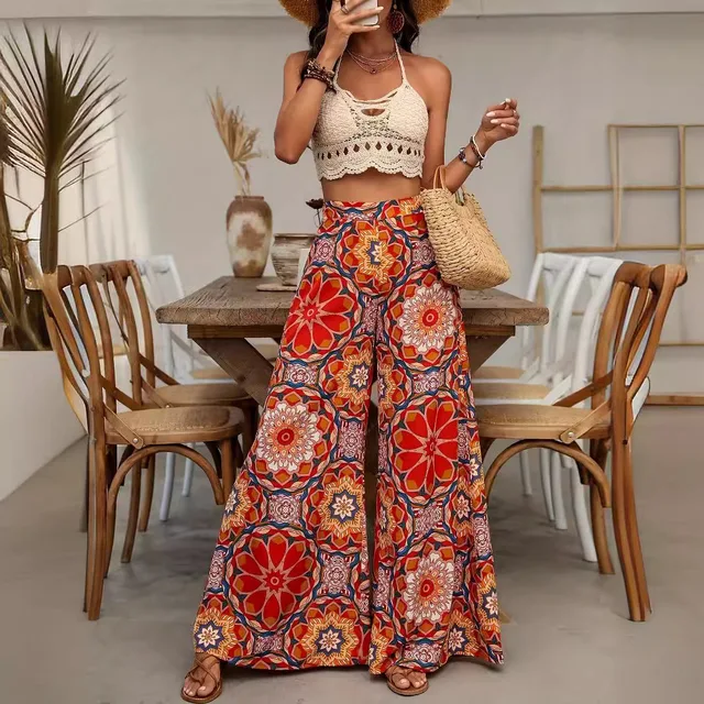 Gonna Pantalone Donna Stile Semplice Estivi Eleganti Stampato High Waist Pantaloni Larghi Baggy - Foto 8