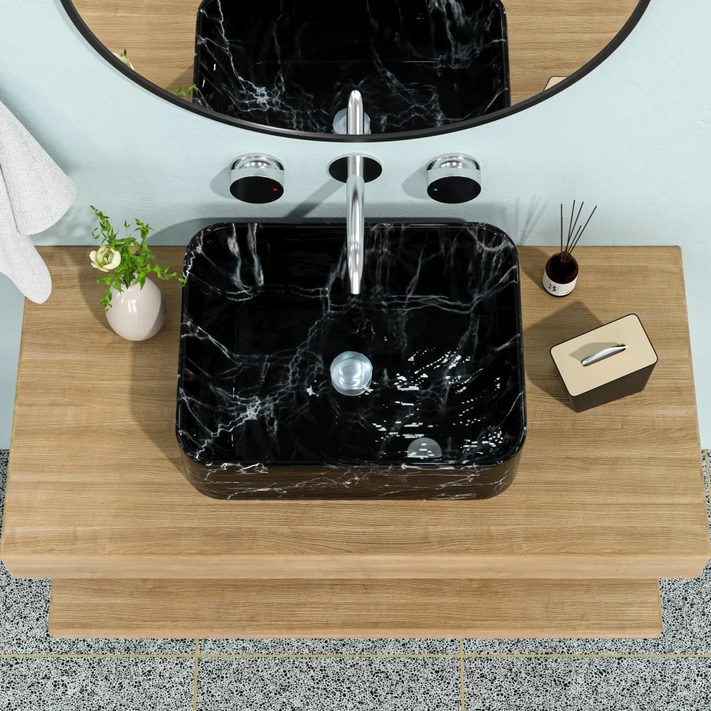 19"x15" Black and Gray Marble Pattern Ceramic Rectangular Vessel Bathroom Sink 3