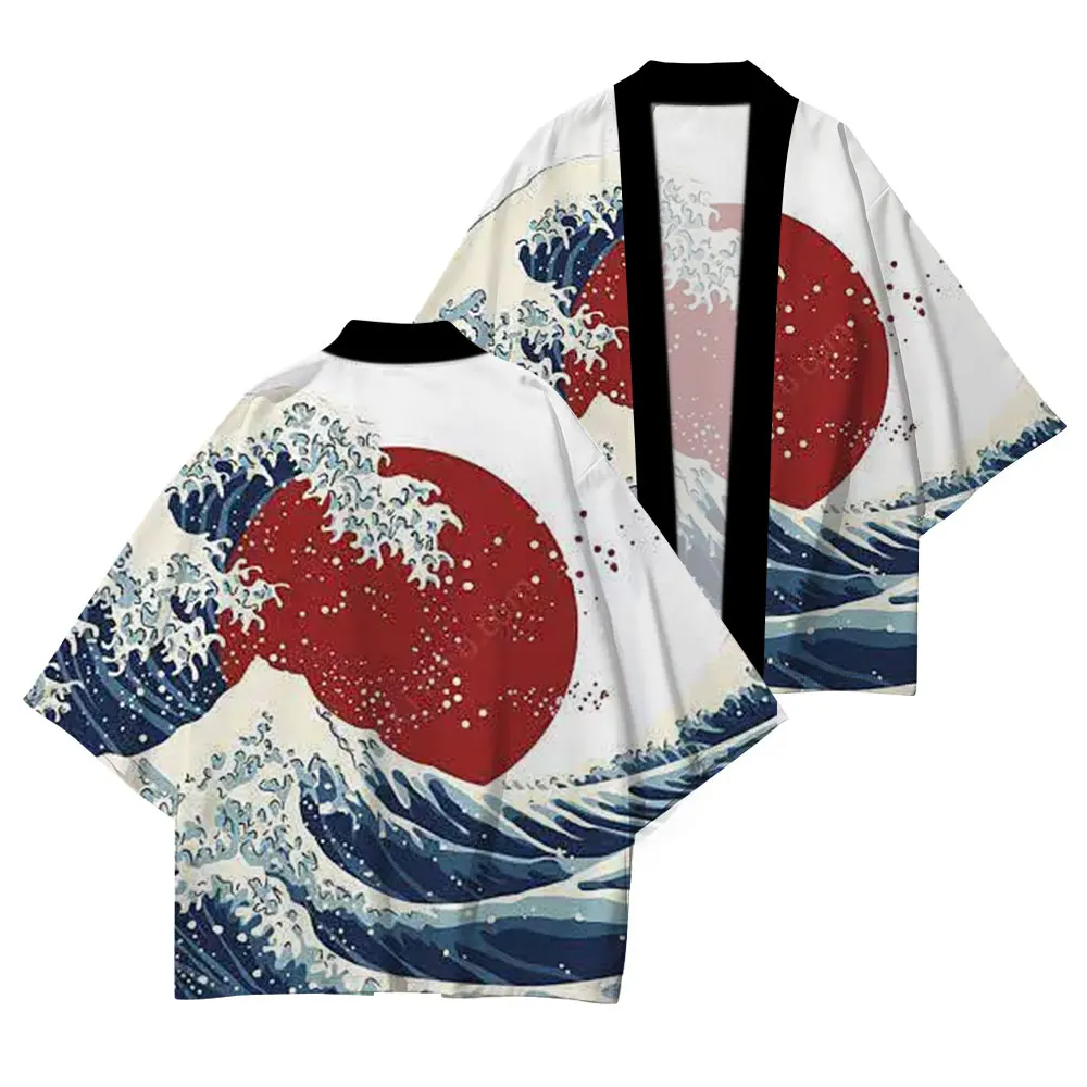 Japanese traditional clothing casual loose kimono Wave red sun pattern printed summer UV protection XXS-4XL Clothes