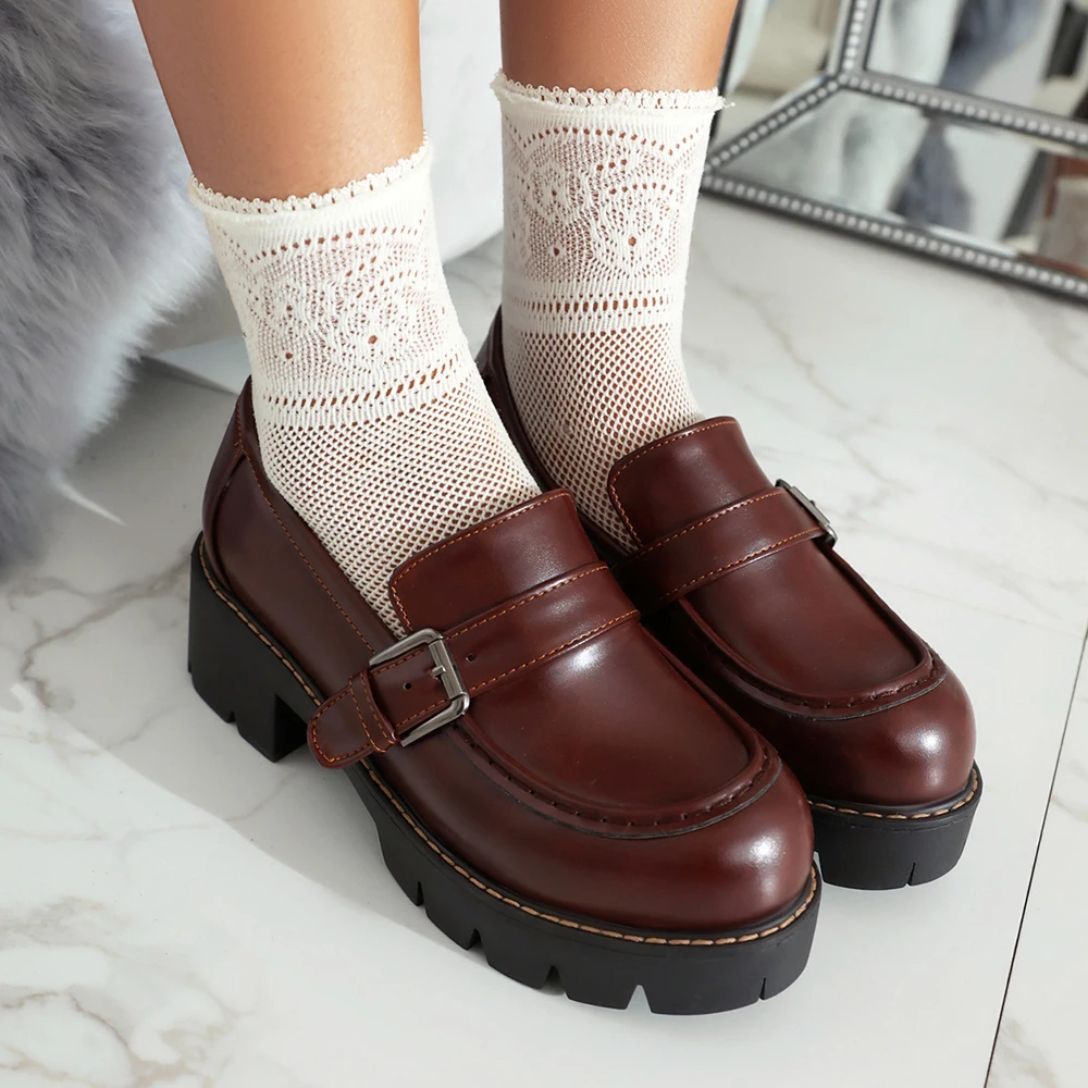 

Women Loafers Round Toe Thick Sole Slip On Shoes Lady Chunky Heel High Heels Black Platform Oxfords Shoe British Style 2024 Hot