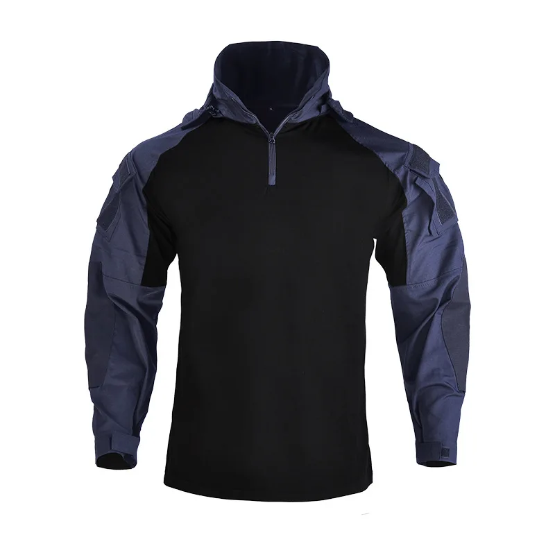 

Mens G3 Hooded Tactical Training Tops Army Fans Long Sleeve Camouflage Combat Suits Military Clothes Shirt Pants Set Navy Blue