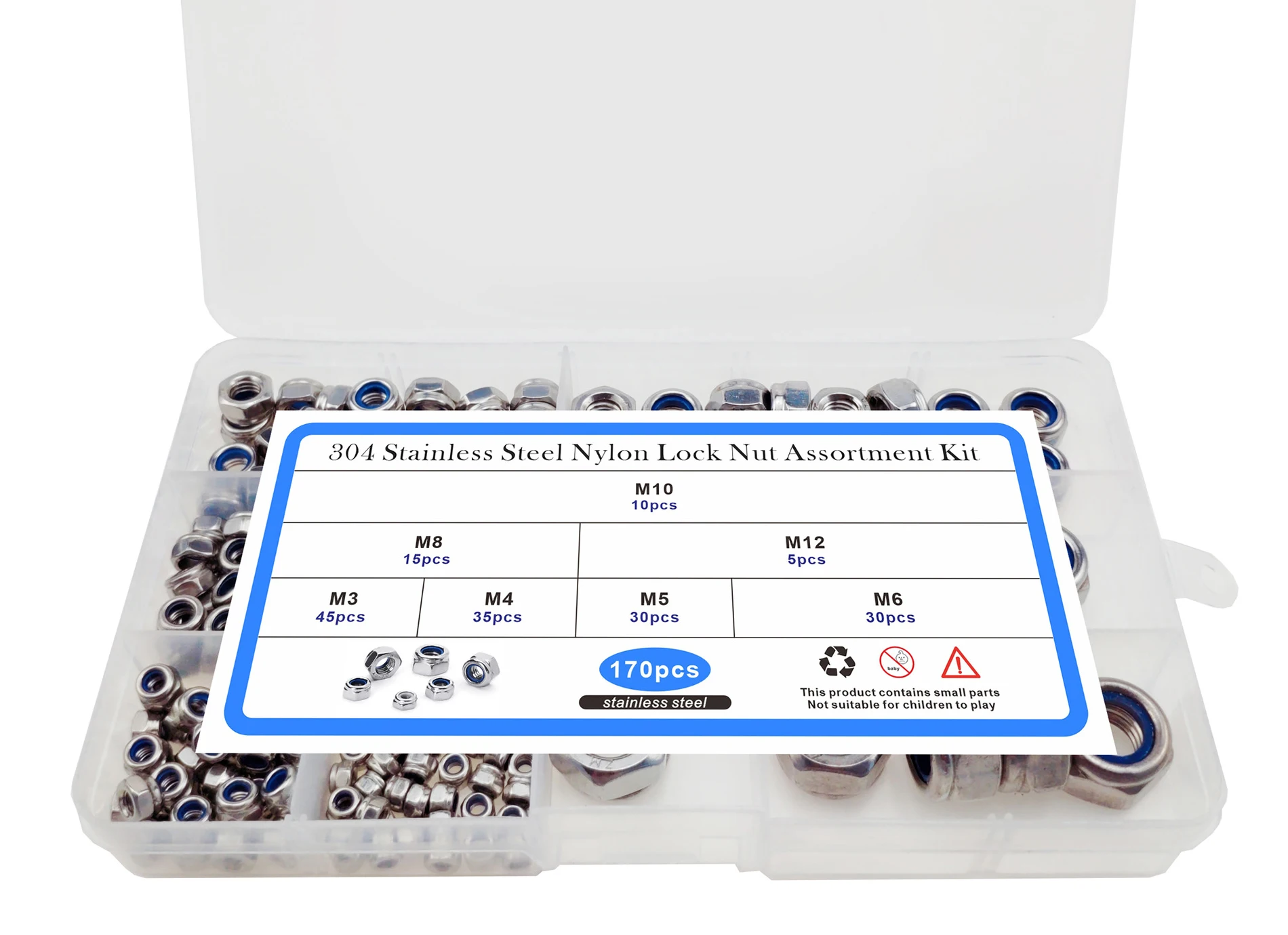 Description Picture 2 of item170PCS M3 M4 M5 M6 M8 M10 M12 304 Stainless Steel Hexagon Nylon Lock Nuts Set Furniture Bolts Kit