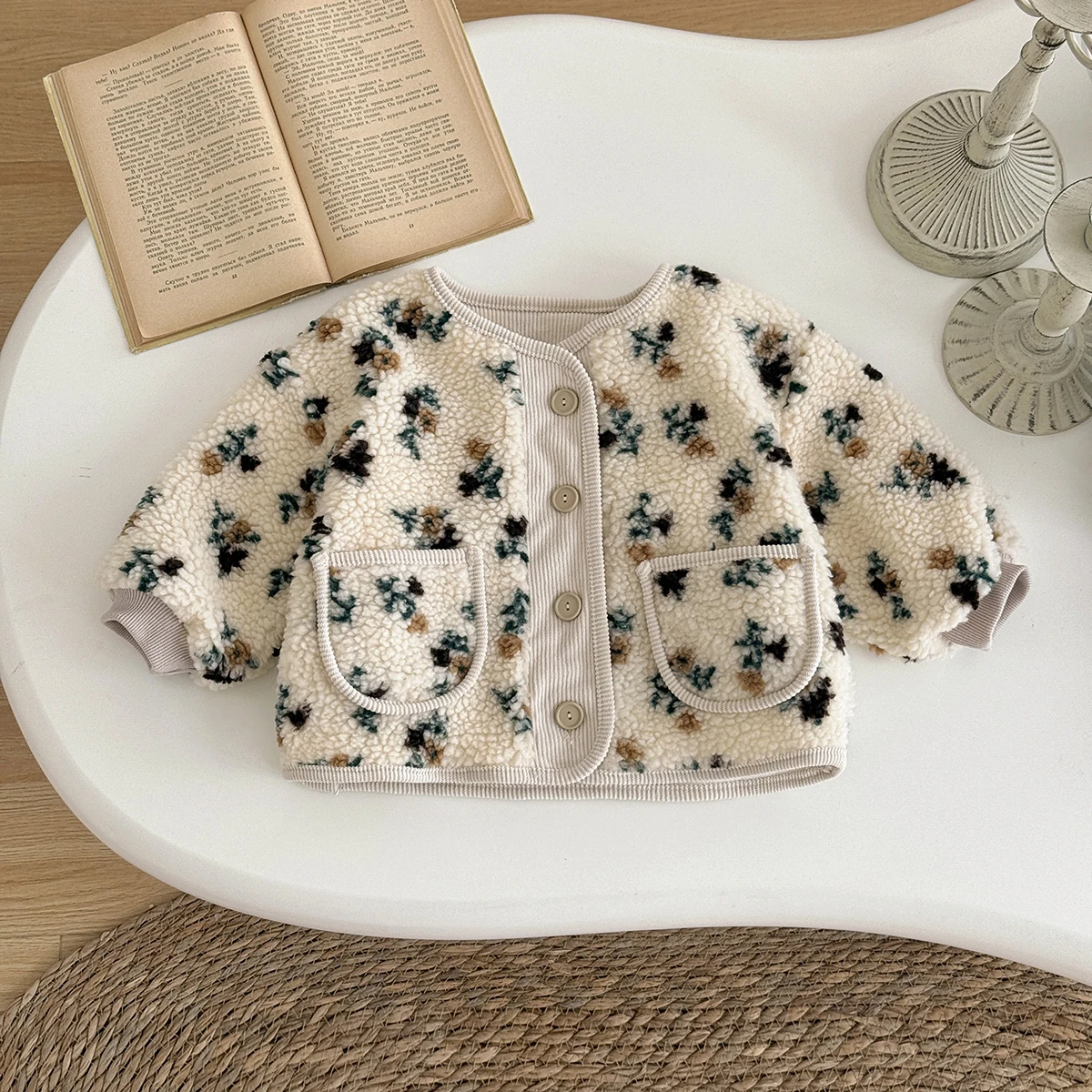 Kinder Plüsch Mantel Herbst Winter Nette Blume Gedruckt Tasten Oansatz Mädchen Mäntel Lose Bequeme Baby Kleidung – Detail 2