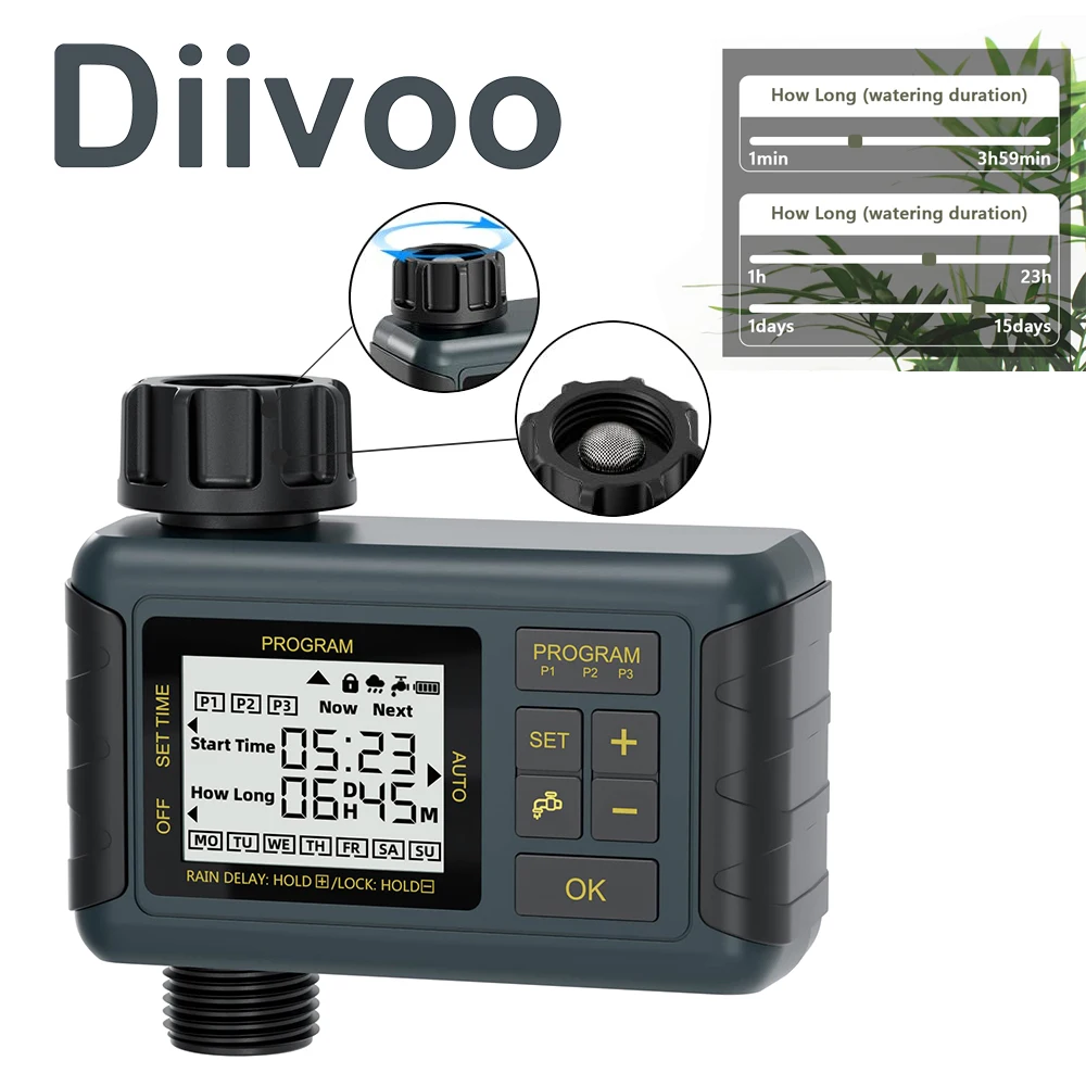 

Diivoo Drip Watering Timer Programmable Water Hose Sprinkler Timer Garden Faucet Automatic Irrigation Equipment for Greenhouse