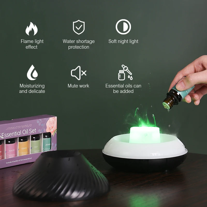 Kinscoter Volcanic Aroma Diffuser Essential Oil Lamp 130ml USB Portable Air Humidifier with Color Flame Night Light cb5feb1b7314637725a2e7: Black 130ml|White 130ml