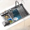 Stainless Steel Kitchen Sink with Trash Can Embossed with Waterfall Faucet Digital Display Large Single Solt Dishwashing Sinks 1