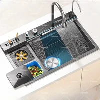 Stainless Steel Kitchen Sink with Trash Can Embossed with Waterfall Faucet Digital Display Large Single Solt Dishwashing Sinks 1