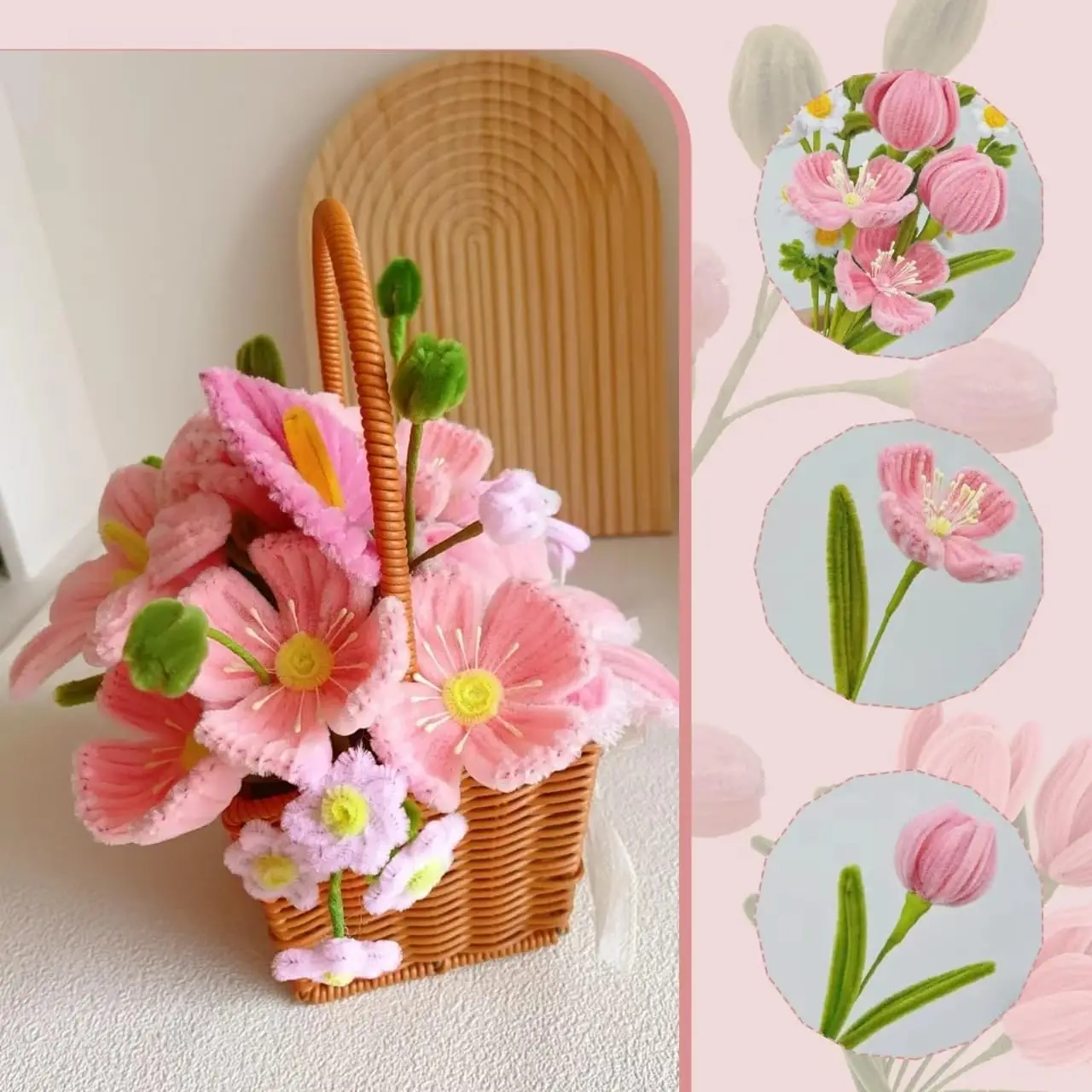 Kit Fai Da Te Con 324 Pulitori Per Tubi (Scovolini) – 4 Colori Rosa E Verde Con Nastro E Stami Floreali Per Creazioni Artistiche E Fiori