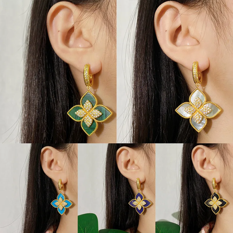 

Natural Fritillaria Agate Clover Sparkling Diamond Flower Earrings for Women Three Dimensional Pendant Peacock Green Ear clip