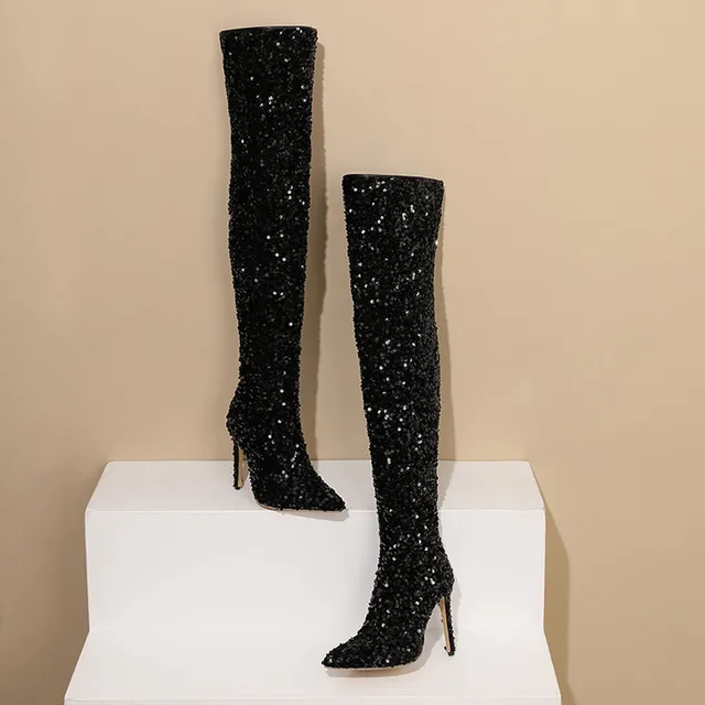 Over-the-Knee Boots for Women Pink Sequins Point Toe Boots Thin
