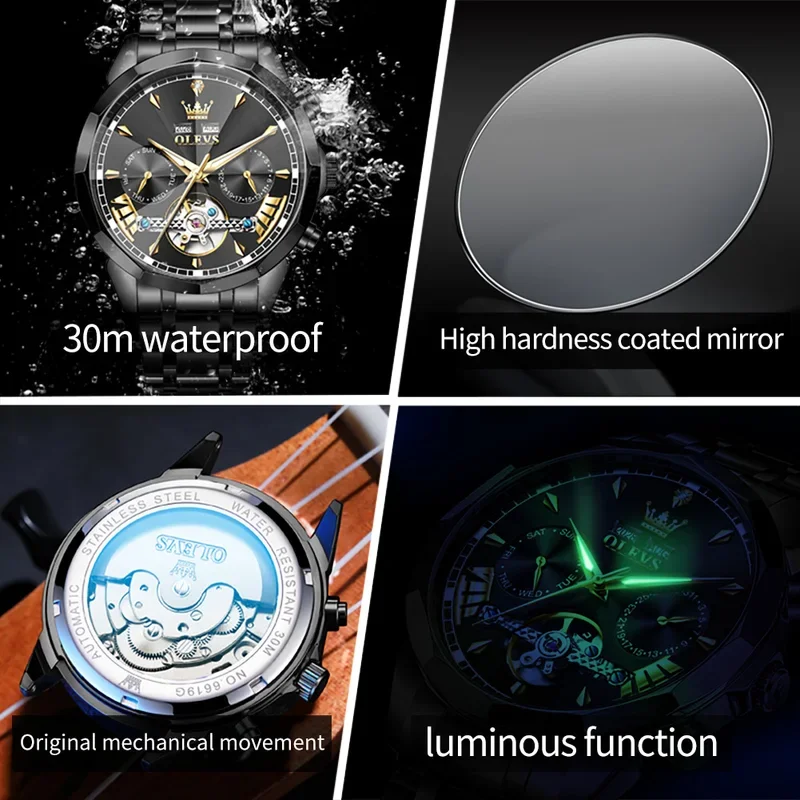 OLEVSBrand Skeleton Waterproof Men's automatic Mechanical Watch Prismatic Dial Stainless steel Luminous Male Wristwatch 6619