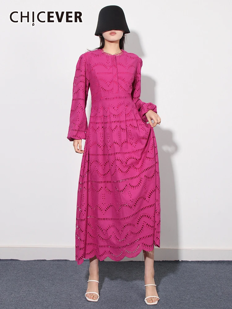 

Женское платье с вышивкой CHICEVER, однотонное весеннее платье с круглым вырезом и длинным рукавом, с высокой талией и складками