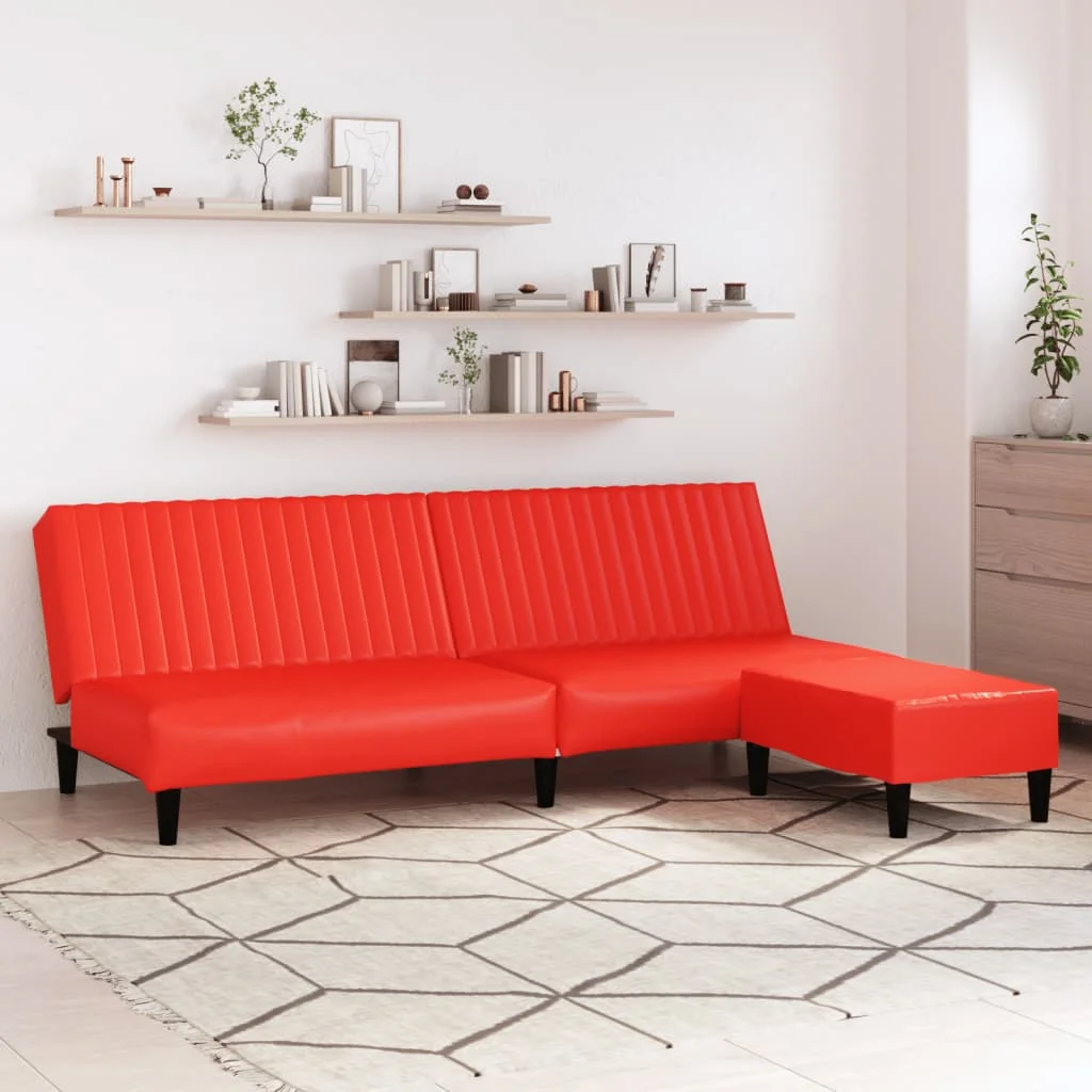 2 seat sofa bed with red footrest, modern and minimalist leather