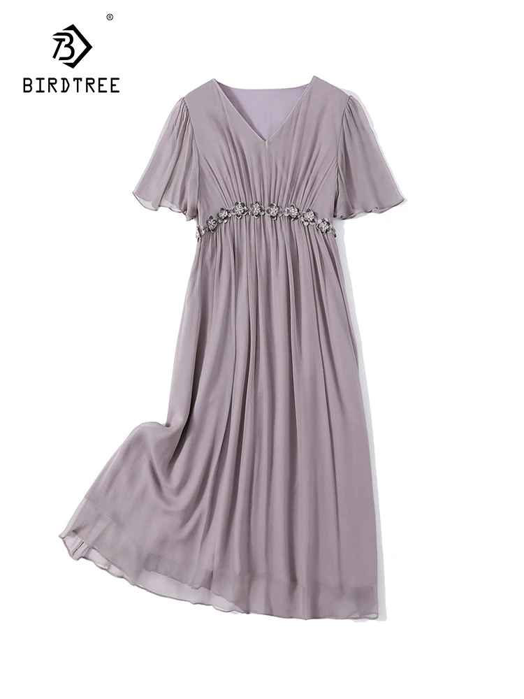 

BirdTree, 100%Real Silk Elegant Dresses, Women V Neck Flare Sleeve Solid, French Temperament Chic Dress, 2024 Summer D44727QC