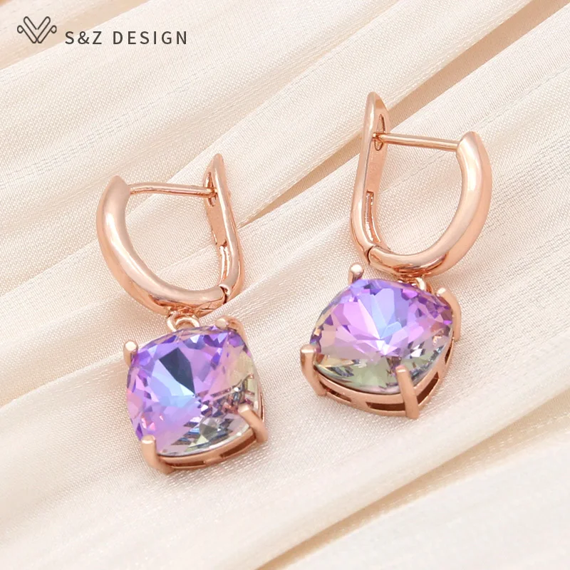 S&Z DESIGN New Fashion Classic Simple Square Crystal Drop Earrings 585 Rose Gold Color Eardrop For Women Wedding Jewelry Gift