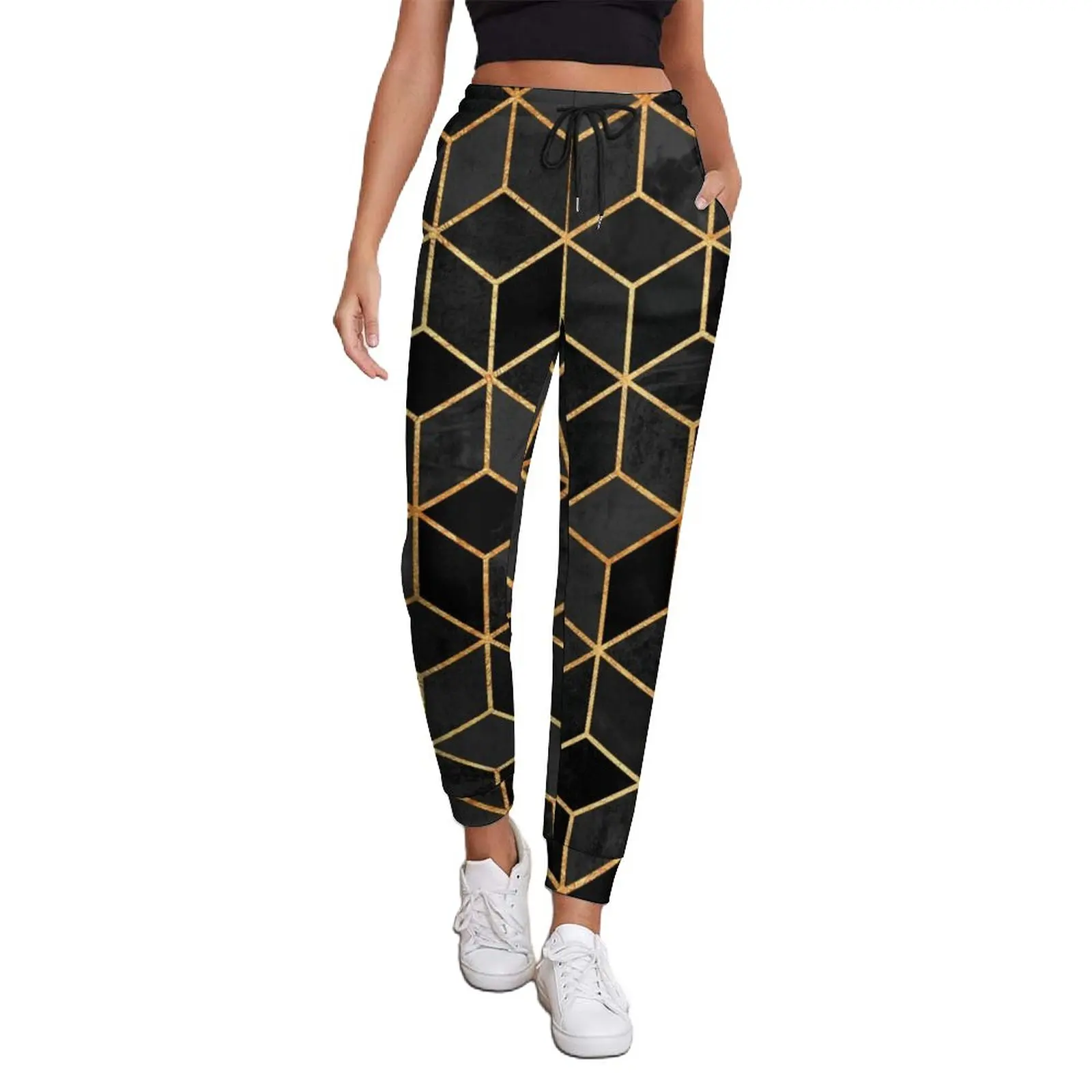 

Gold Geo Print Jogger Pants Black Cubes Street Style Sweatpants Autumn Ladies Casual Printed Big Size Trousers Gift