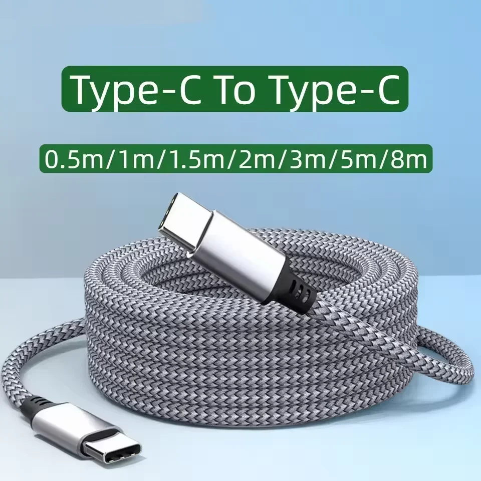 60W PD USB-C to USB-C Fast Charging Cable Nylon Braided Type-C Data Cord 1M/2M/3M/5M/8M for iPhone Samsung Xiaomi MacBook