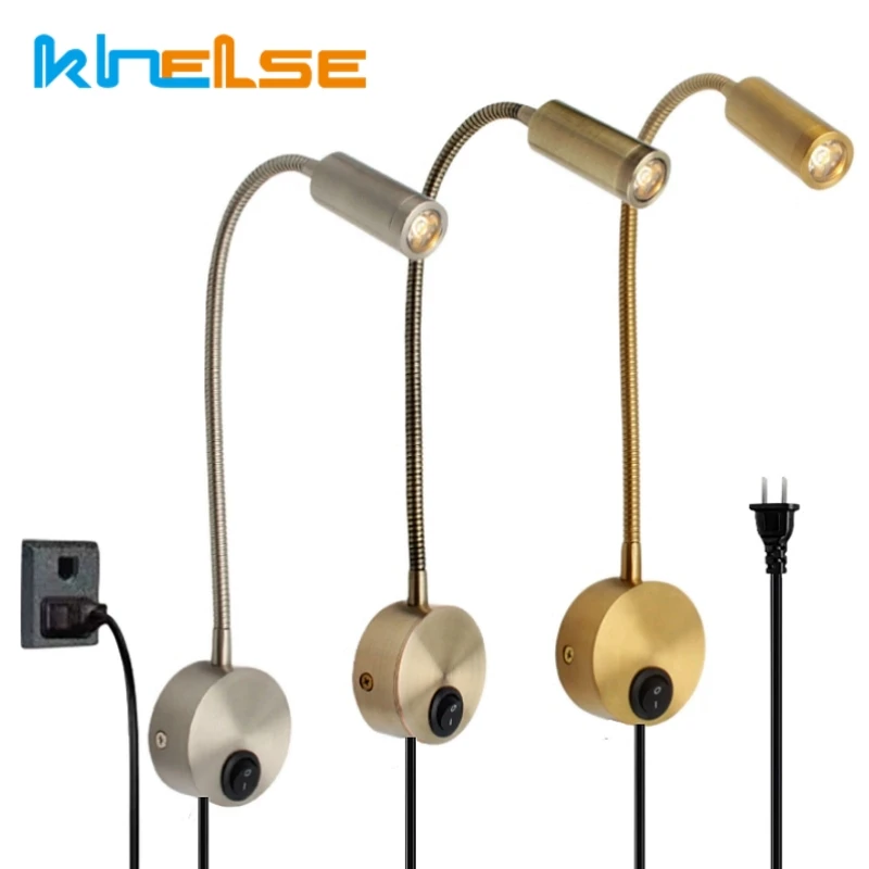 

3W Bronze Gooseneck LED Wall Lamp With Plug Cord Flexible Hose Sconce Bedroom Bedside Reading Wall Mount Spot Lighting AC85-265V